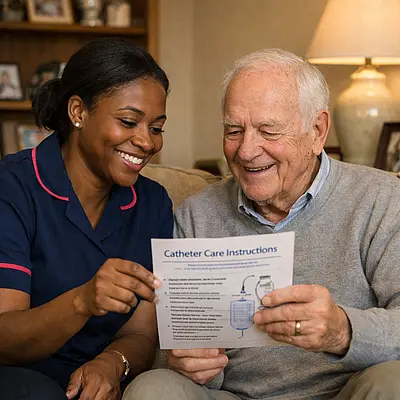 Warm realistic scene of a black female caregiver in a navy 00072b tunic with e51974 piping sitting beside an older white male in his living room both smiling as they look over catheter care instructions together showing reassurance and trust in a homely setting.