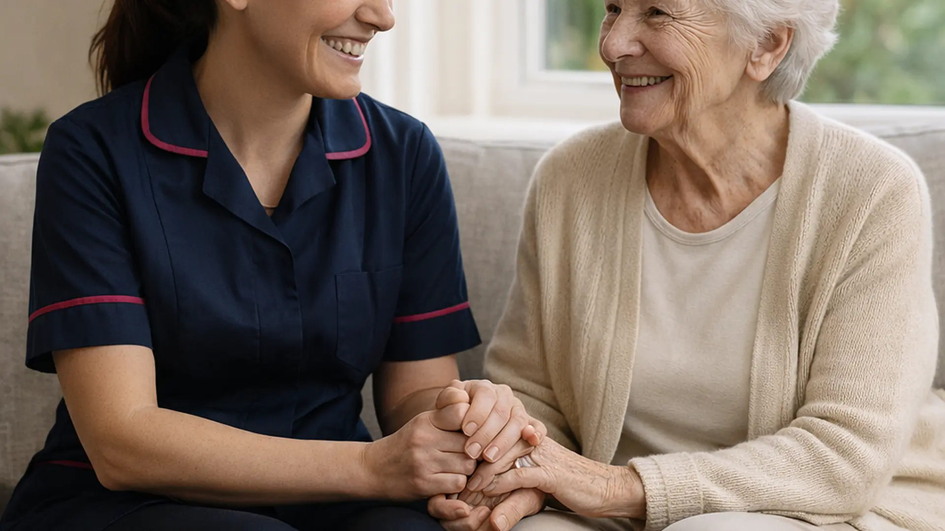 Warm realistic scene of a caucasian female caregiver in a navy 00072b tunic with e51974 trim sitting beside an older woman on a sofa in a bright living room gently holding her hand paperwork and a mug on the coffee table both smiling in a calm reassuring atmosphere.
