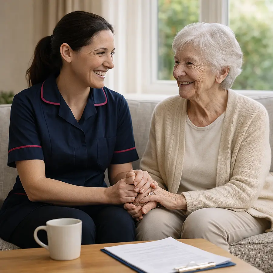 Warm realistic scene of a caucasian female caregiver in a navy 00072b tunic with e51974 trim sitting beside an older woman on a sofa in a bright living room gently holding her hand paperwork and a mug on the coffee table both smiling in a calm reassuring atmosphere.