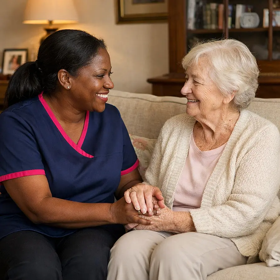 Warm realistic scene of a middle aged Black female caregiver in a navy 00072b tunic with e51974 trim sitting on a sofa beside an elderly white woman in her living room both smiling as they chat and hold hands conveying reassurance and trust in a homely setting.