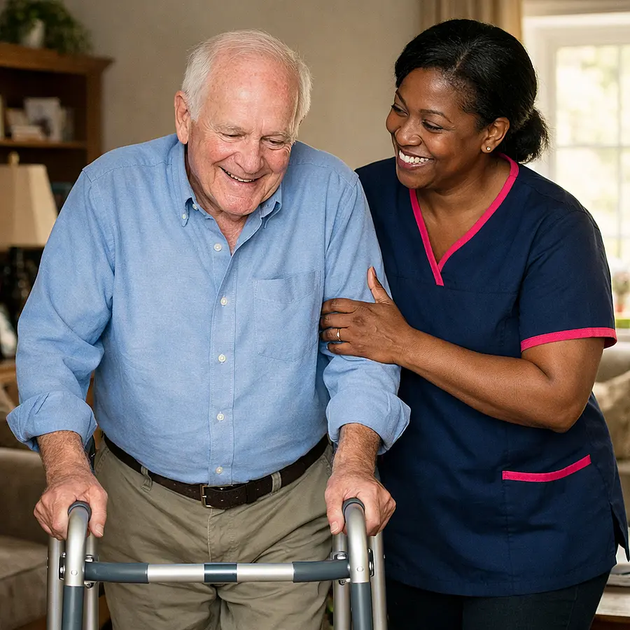 Warm realistic scene of a middle aged Black female caregiver in a 00072b tunic with e51974 trim supporting an older White male client as he walks carefully through his living room using a walking frame both smiling with soft daylight and homely furnishings conveying reassurance and independence.