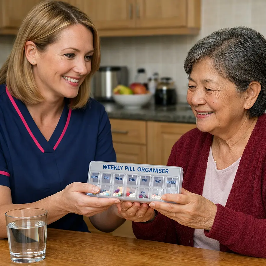 White female caregiver in a 00072b tunic with e51974 trim handing a clearly labelled pill organiser to an older Asian woman at the kitchen table both smiling gently with a glass of water nearby.