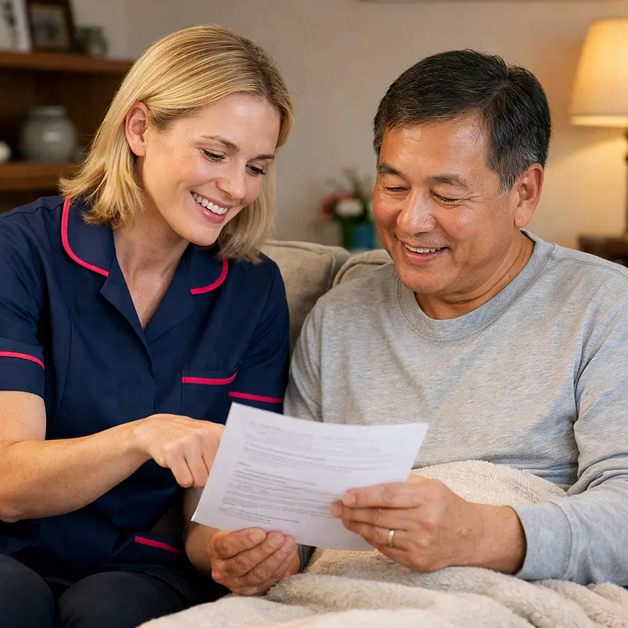 White female caregiver in a 00072b tunic with e51974 piping sitting on a sofa with a middle aged Asian man recovering from bowel surgery reviewing written care instructions together both engaged and reassured in a cosy lounge.