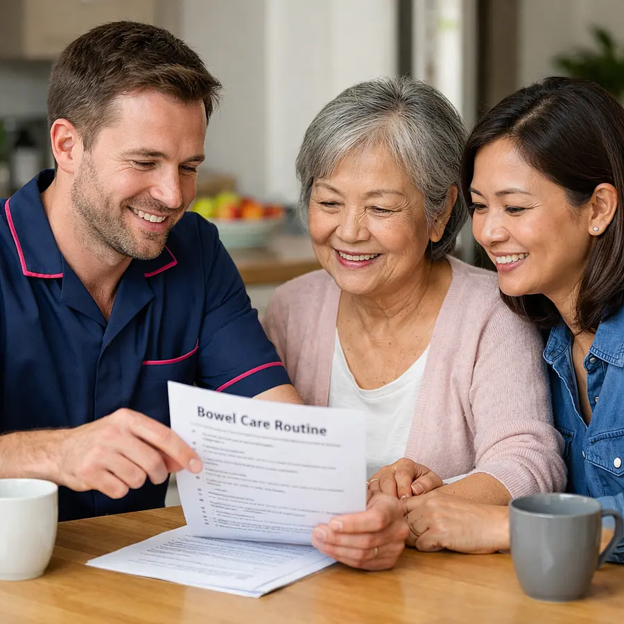 White male caregiver in a 00072b tunic with e51974 detailing sitting with an adult daughter and her older Asian mother at a dining table discussing a written bowel care routine together all appearing engaged and reassured.