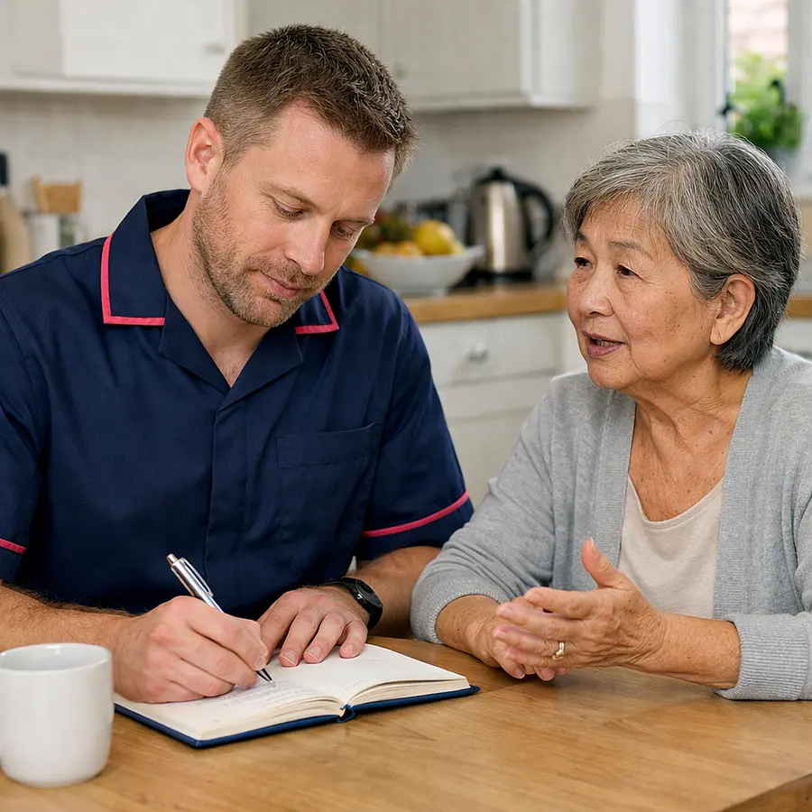 White male caregiver wearing a 00072b tunic with e51974 trim sitting at a dining table with an older Asian woman noting bowel symptoms in a diary while she talks both focused yet calm in a bright kitchen.