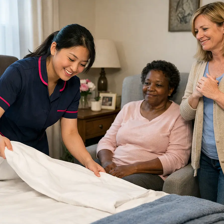 realistic asian female caregiver in 00072b tunic with e51974 accent changing bed linen and tidying a calm bedroom for a black female service user while a caucasian family carer looks relieved warm home environment realistic and compassionate