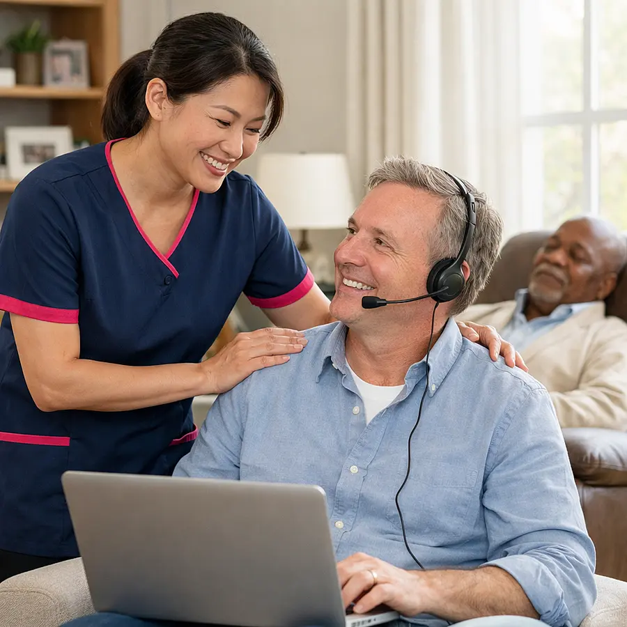 realistic asian female caregiver in 00072b tunic with e51974 accent encouraging a caucasian male family carer using a laptop for a work call while a black older service user rests peacefully in a nearby recliner bright living room reassuring and hopeful mood lifelike photography