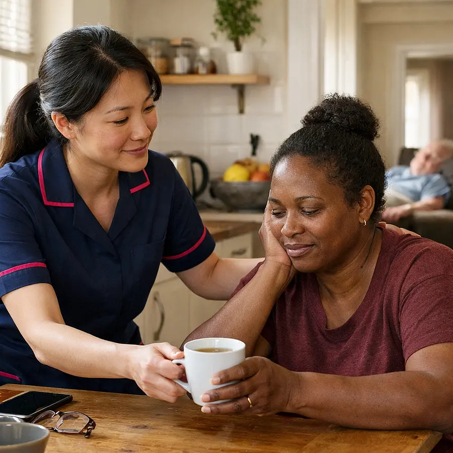 realistic asian female caregiver in 00072b tunic with e51974 accent offering tea and reassurance to a tired black female family carer in a sunny kitchen while a caucasian service user rests comfortably in the next room warm supportive mood natural documentary realism