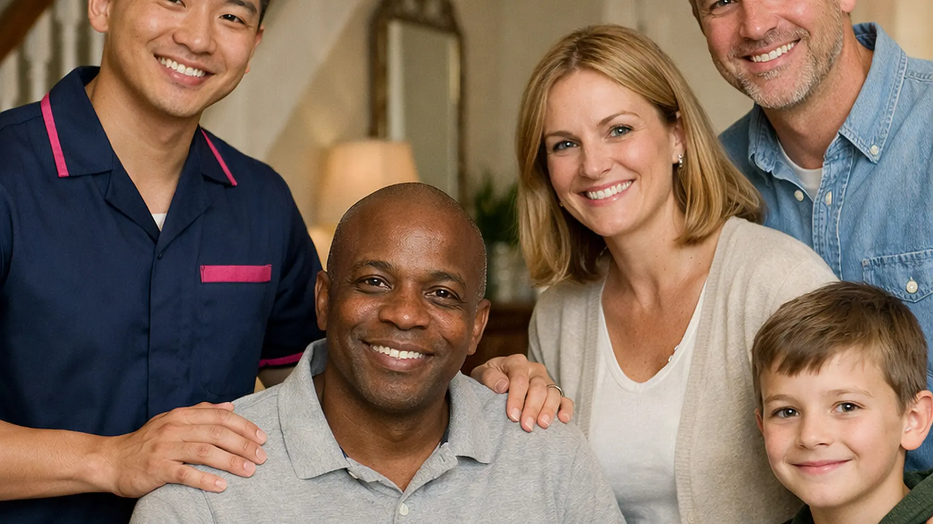 realistic asian male caregiver in tunic uniform 00072b with e51974 accent standing supportively with a caucasian family and black service user in a welcoming home hallway warm smiles trust and reassurance polished but natural home care photography not stylized