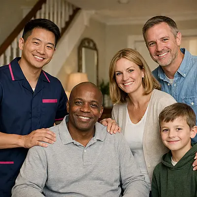 realistic asian male caregiver in tunic uniform 00072b with e51974 accent standing supportively with a caucasian family and black service user in a welcoming home hallway warm smiles trust and reassurance polished but natural home care photography not stylized