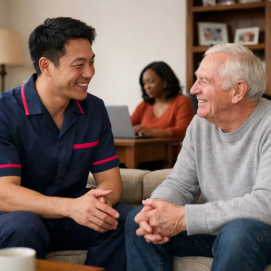 realistic asian male caregiver in tunic uniform 00072b with e51974 accent chatting warmly with a caucasian male service user while a black female family carer works calmly on a laptop in the same home professional and homely joyful reassurance realistic photo style