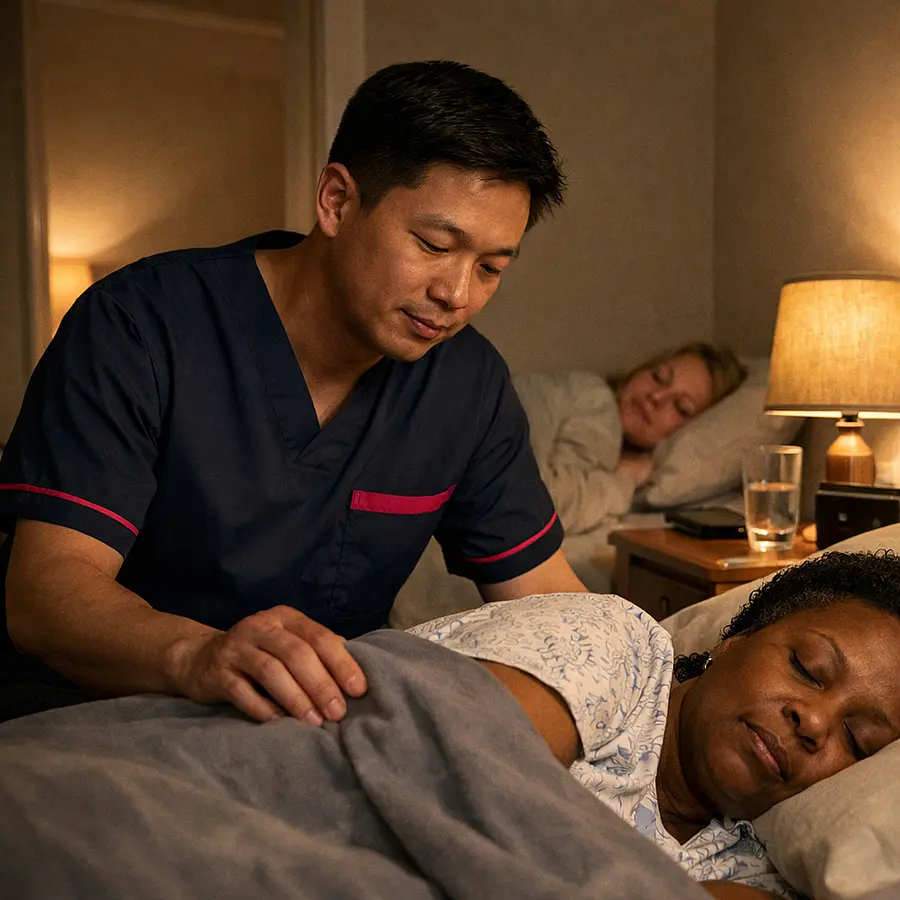 realistic asian male caregiver in tunic uniform 00072b with e51974 accent quietly checking on a sleeping black female service user at night while a caucasian family carer rests peacefully in another room low warm lighting calm and safe atmosphere realistic home care image
