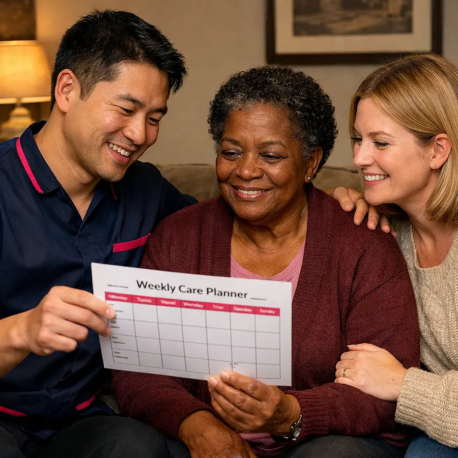 realistic asian male caregiver in tunic uniform 00072b with e51974 accent showing a weekly care planner to a black female service user and her caucasian daughter in a cosy living room everyone appearing reassured and supported warm lamp light homely atmosphere realistic documentary style