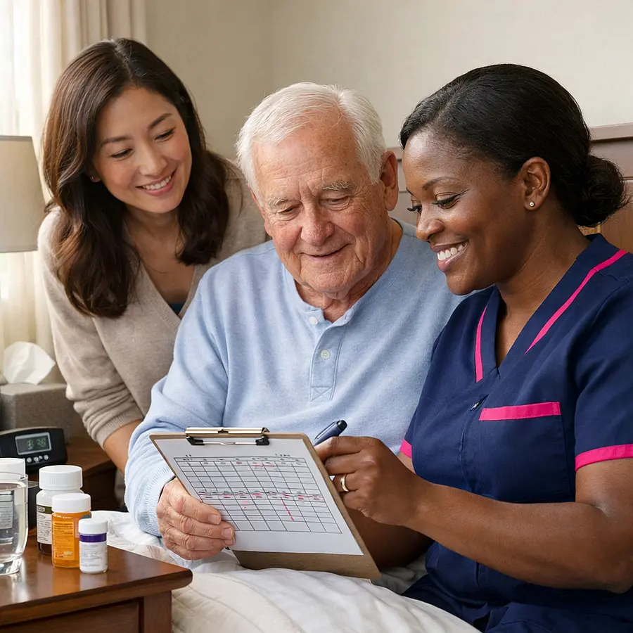 realistic black female caregiver in 00072b tunic with e51974 accent carefully checking a medication chart with a caucasian older service user while an asian daughter watches relieved neat bedside table soft daylight reassuring smiles realistic and warm