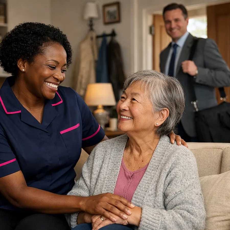 realistic black female caregiver in 00072b tunic with e51974 accent warmly supporting an asian older service user in a cosy living room while a caucasian family member heads out to work reassured genuine smiles comforting and professional realistic home care photography