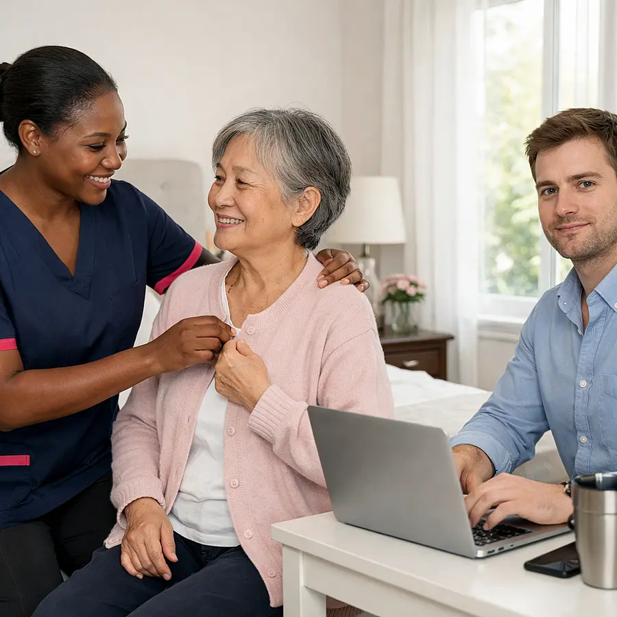 realistic black female caregiver in 00072b tunic with e51974 accent helping an asian female service user with morning dressing while a caucasian son prepares to start work on a laptop nearby bright bedroom gentle smiles caring and reassuring realistic style