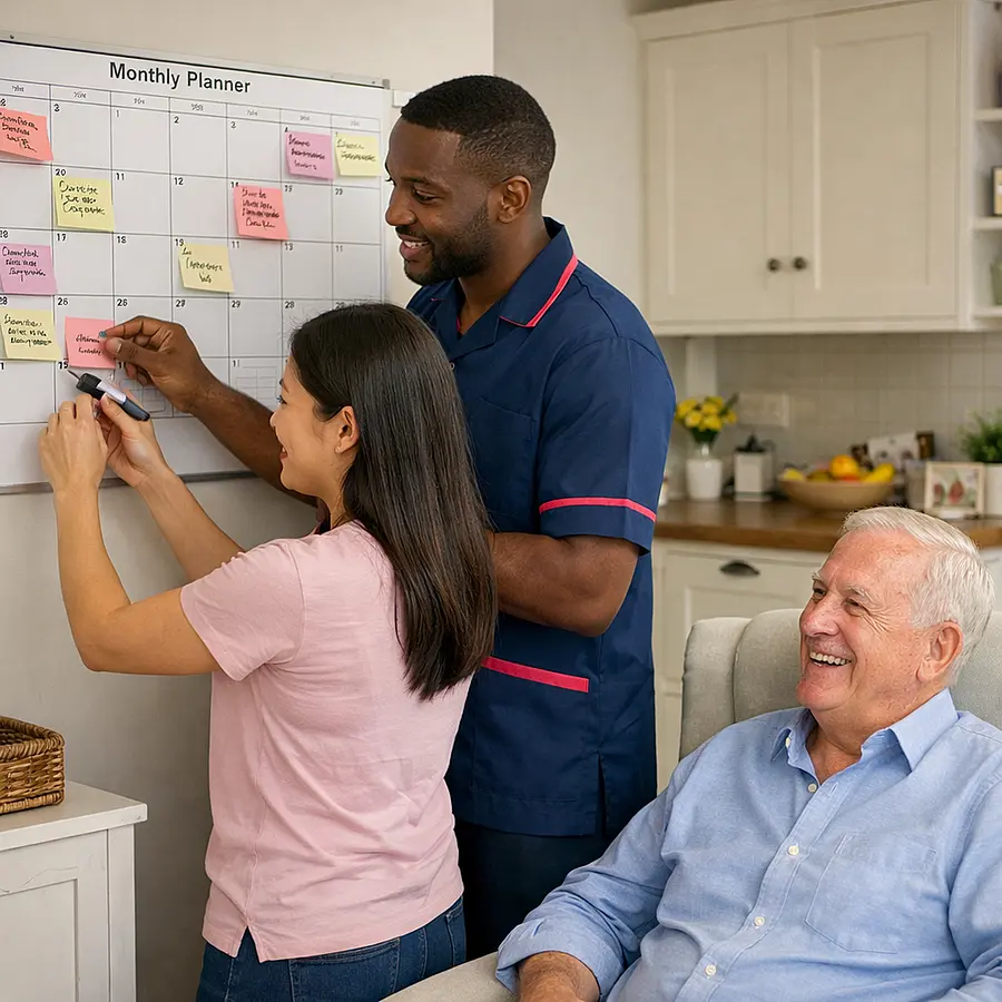 realistic black male caregiver in tunic uniform 00072b with e51974 accent helping an asian daughter organise a wall calendar of appointments while a caucasian service user smiles from a nearby chair bright family home organised and reassuring realistic photography