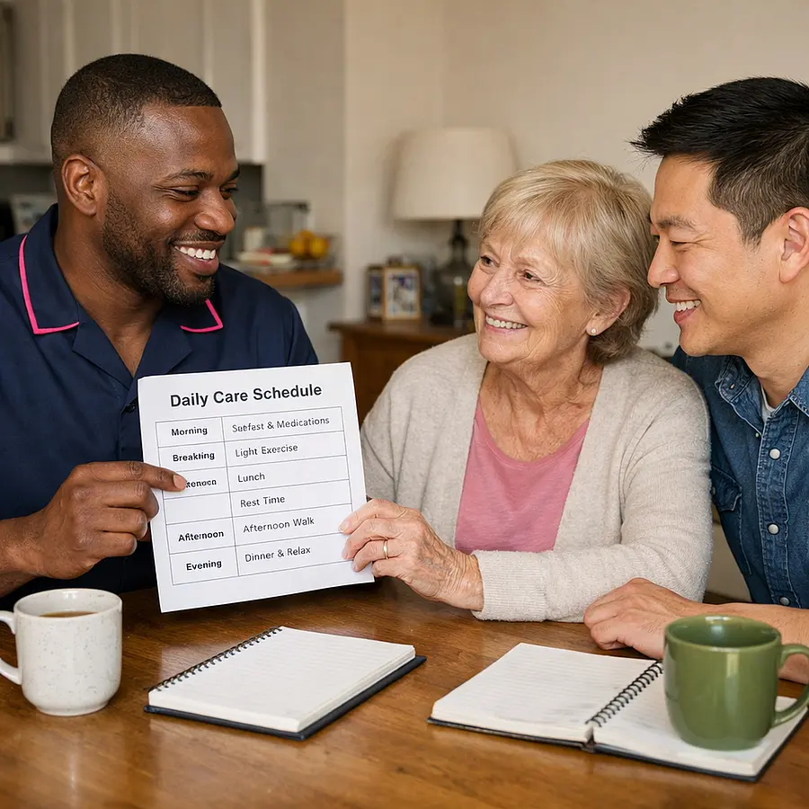 realistic black male caregiver in tunic uniform 00072b with e51974 piping discussing a simple daily care timetable with a caucasian female service user and her asian son at a dining table notebooks tea mugs warm smiles supportive atmosphere real home care photography style