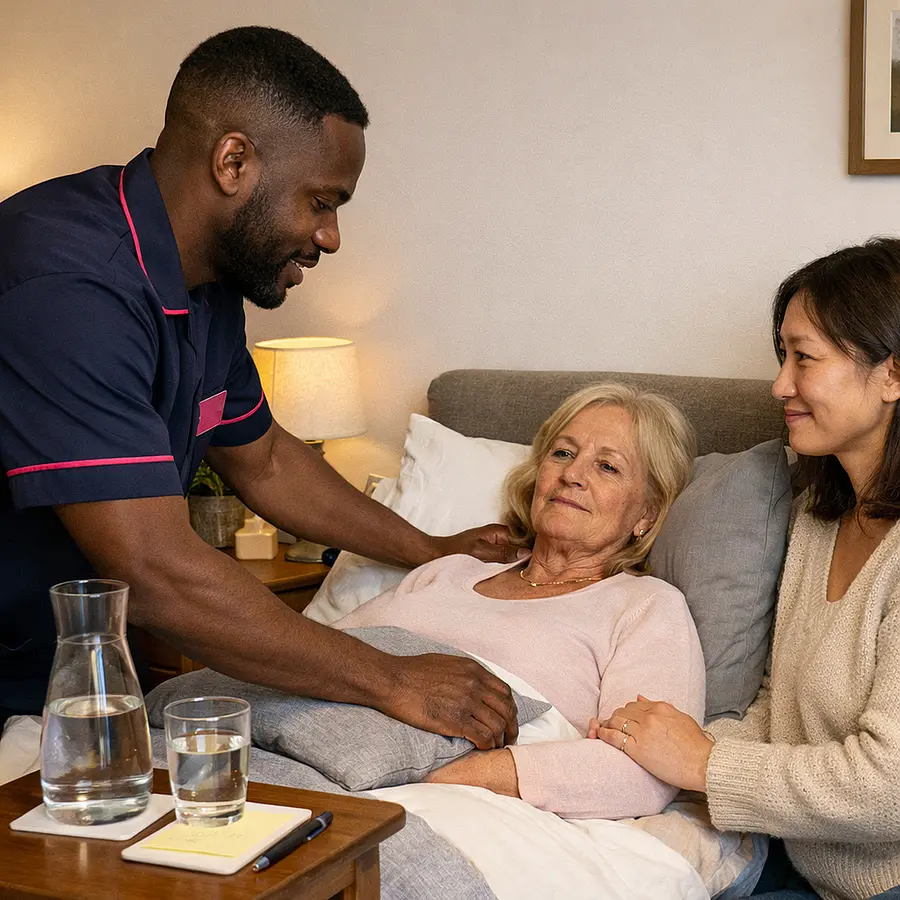 realistic black male caregiver in tunic uniform 00072b with e51974 accent arranging a calm bedroom with cushions water notes and soft lighting for a caucasian female service user while her asian daughter looks reassured warm tidy home realistic and comforting