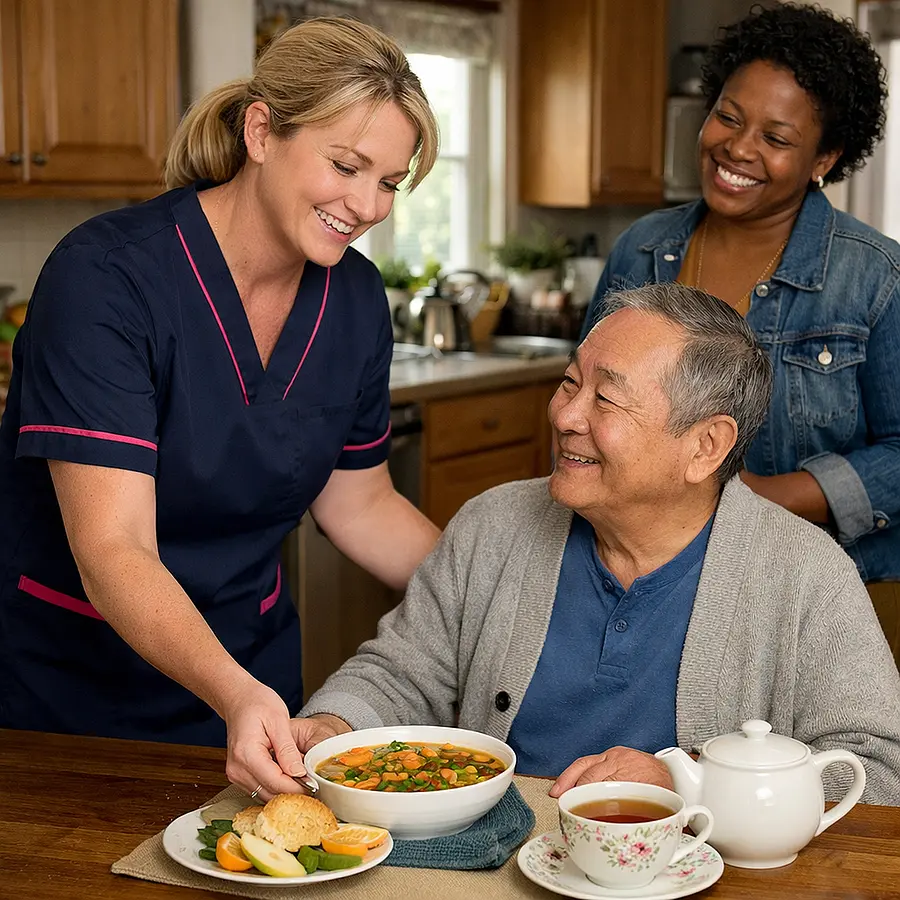 realistic caucasian female caregiver in 00072b tunic with e51974 accent preparing a light meal in a home kitchen for an asian male service user while a black family member smiles gratefully colourful soup and tea warm and uplifting atmosphere realistic photography