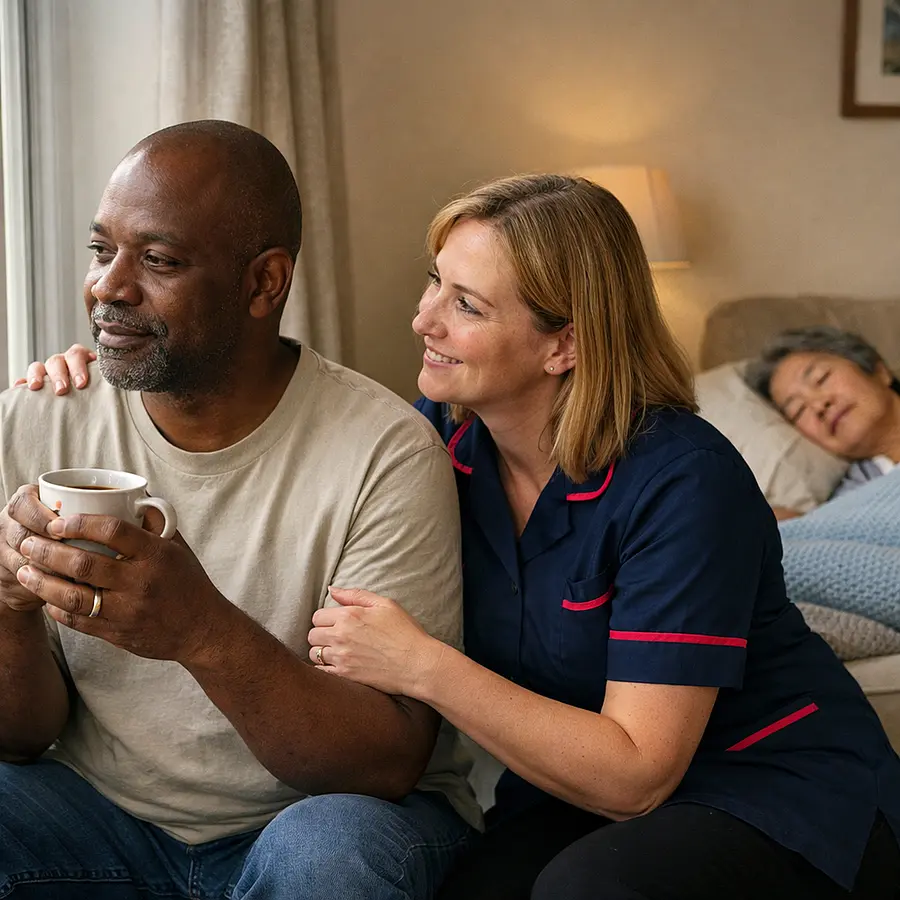 realistic caucasian female caregiver in 00072b tunic with e51974 accent encouraging a black male family carer taking a mindful pause with tea by a window while an asian service user rests peacefully soft daylight hopeful and warm mood realistic home care scene
