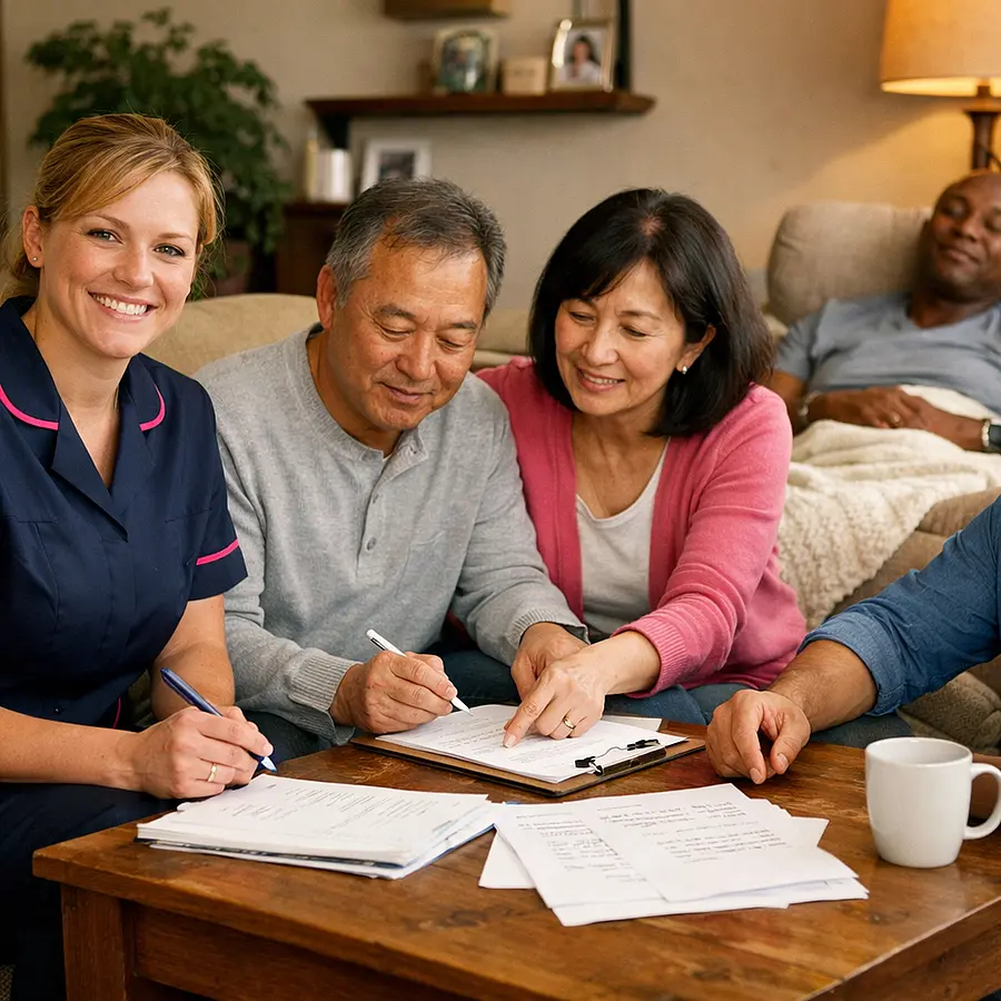 realistic caucasian female caregiver in tunic uniform 00072b with e51974 trim smiling with an asian family around a coffee table dividing care tasks on paper while a black service user relaxes comfortably nearby warm home setting collaborative and reassuring natural realism