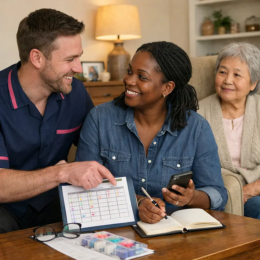 realistic caucasian male caregiver in 00072b tunic with e51974 accent helping a black female family carer organise medication chart notebook and phone reminders beside an asian elderly service user in an armchair warm expressions reassuring eye contact tidy home natural realism