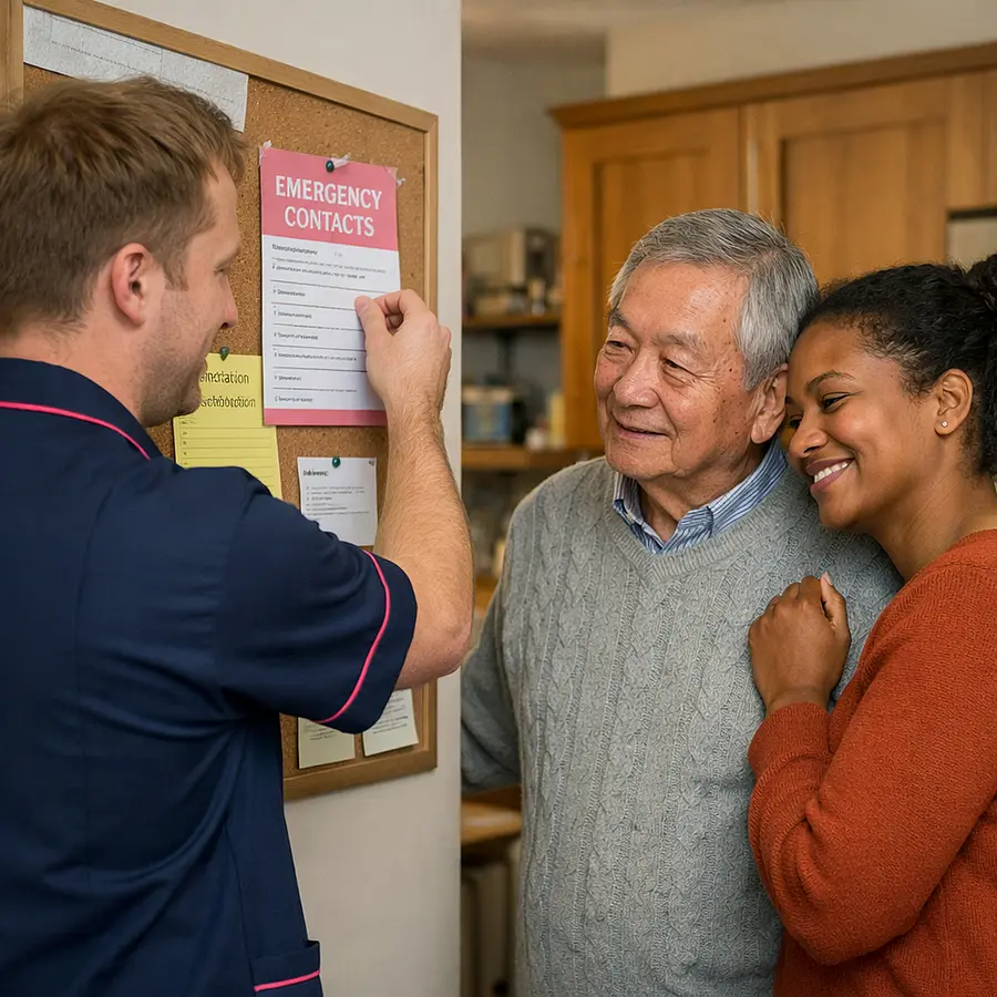 realistic caucasian male caregiver in tunic uniform 00072b with e51974 accent pinning emergency contacts and care notes on a kitchen board while an asian older service user and black daughter look comforted organised home environment warm and reassuring realism