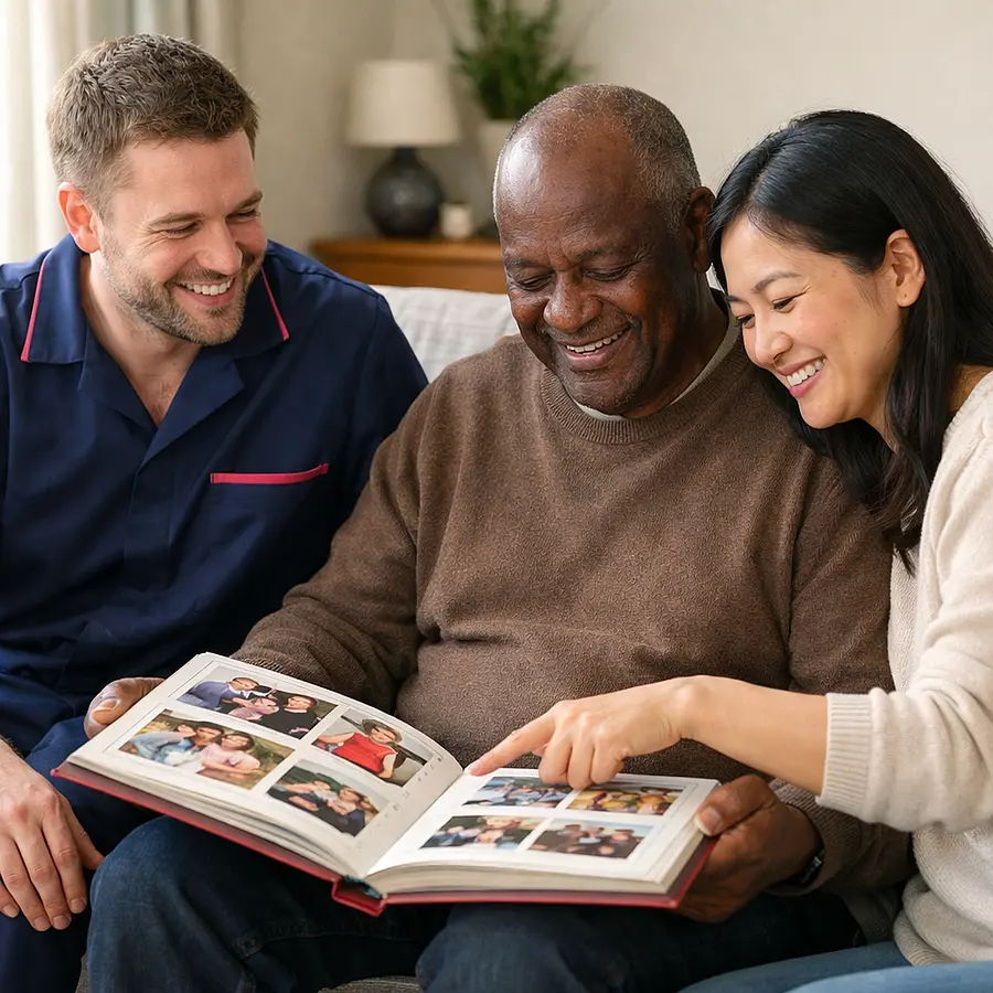 realistic caucasian male caregiver in tunic uniform 00072b with e51974 accent smiling as a black service user and asian daughter look through a family photo album on a sofa soft natural light joyful tenderness and warmth realistic non stylized home care image